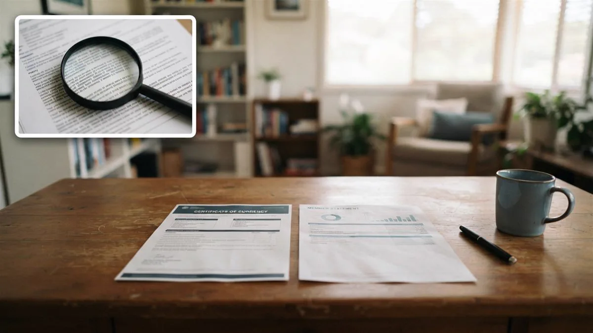 An insurance certificate and a superannuation statement side by side on a wooden desk.